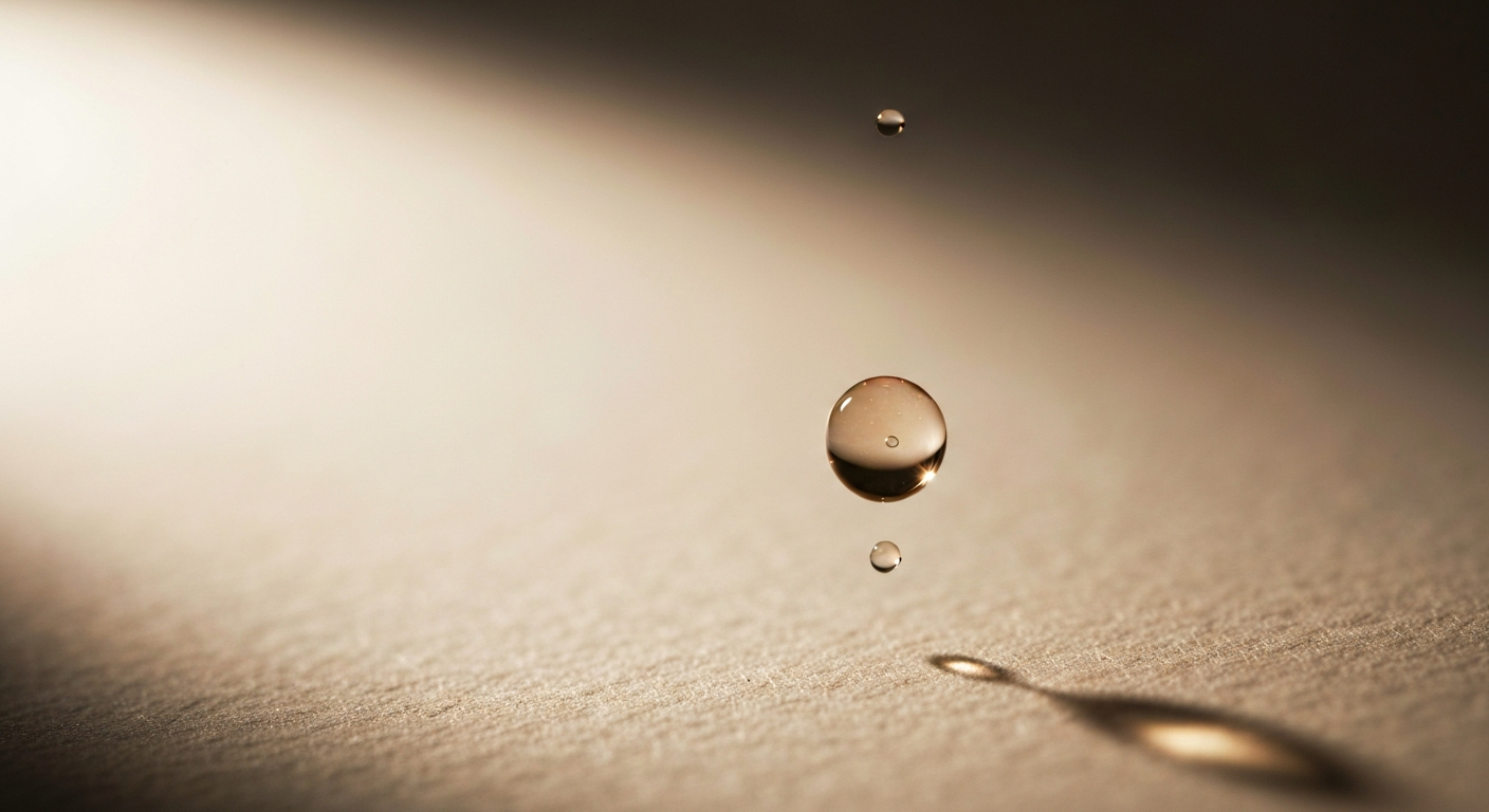Goutte de sérum suspendue en chute, macro éditoriale