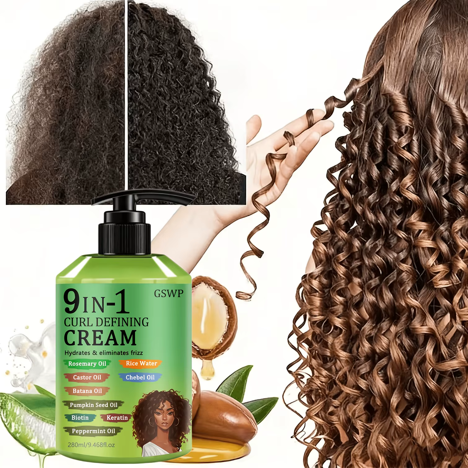 GSWP Crème définissante pour boucles 9-en-1, contrôle des frisottis et style longue durée, hydratati