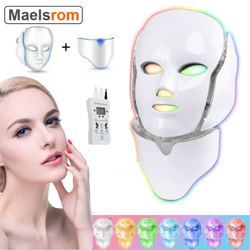 Masque facial électrique à LED, 7 couleurs, thérapie par la lumière, acné, beauté du cou, traitement