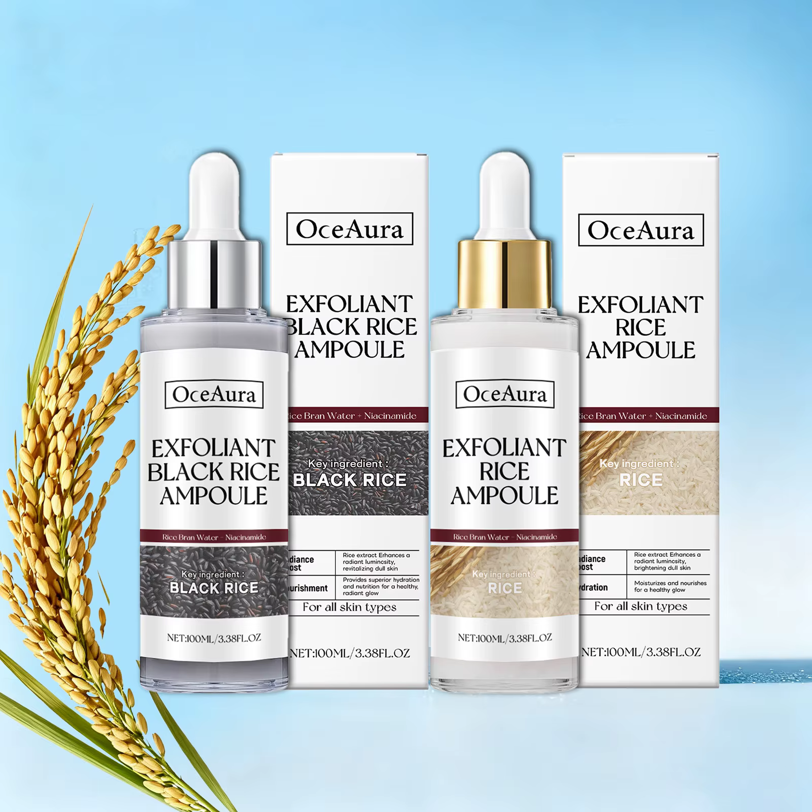 Ensemble d'ampoules exfoliantes de riz pour une peau douce, minimise des pores et une hydratation en