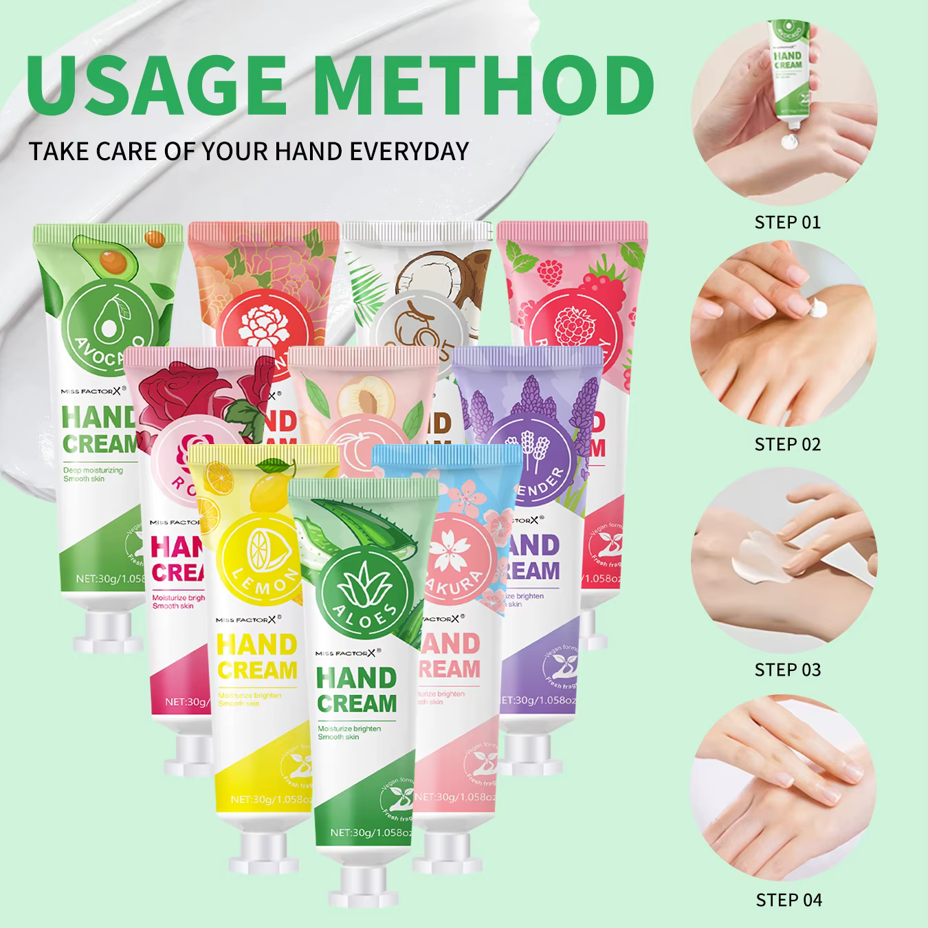 Ensemble de 30 crème pour les mains, 10 parfums, crème pour les mains basse sensibilité, format voya