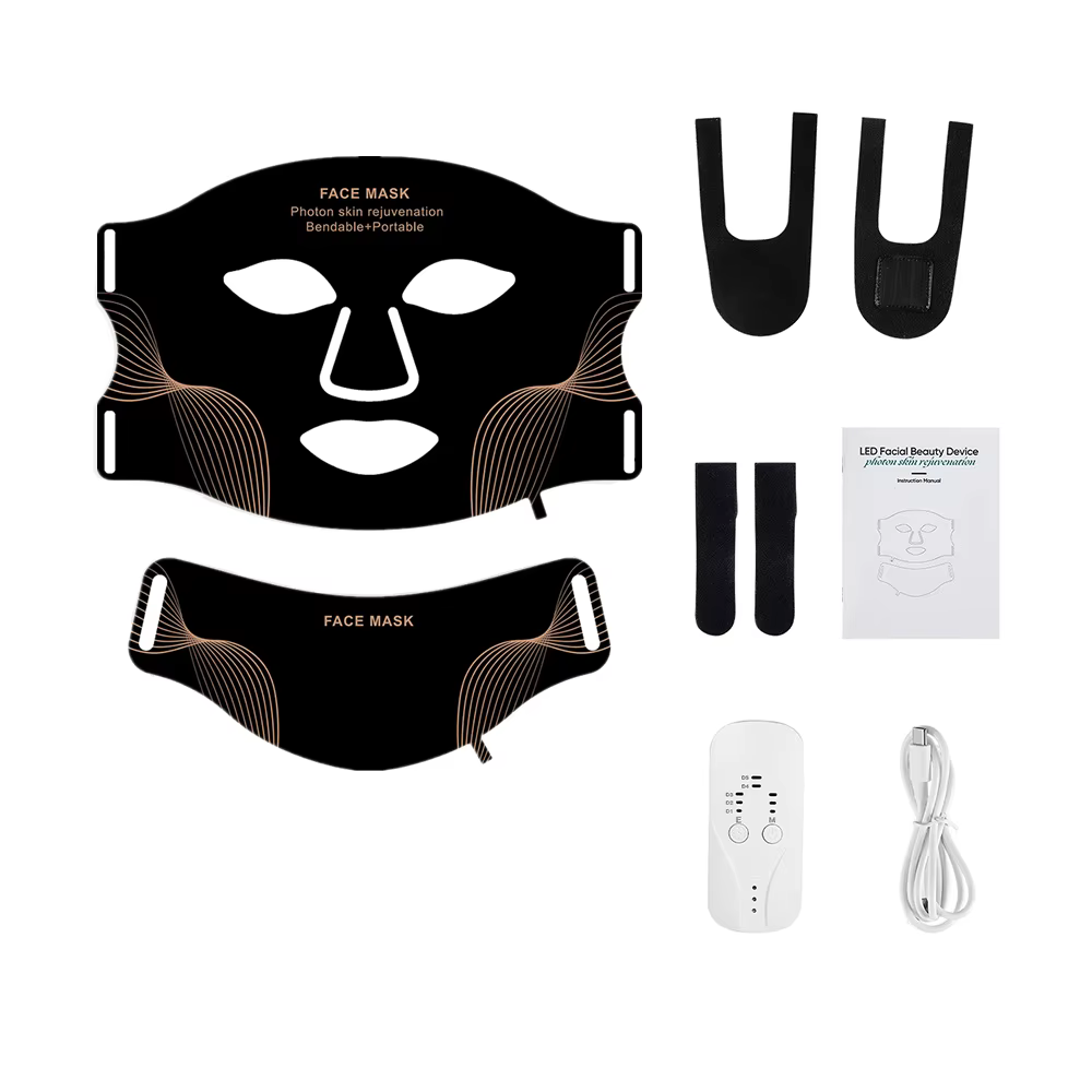 Masque facial LED en silicone avec cou, 7 couleurs, photon rouge, lumière infrarouge, thérapie, flex