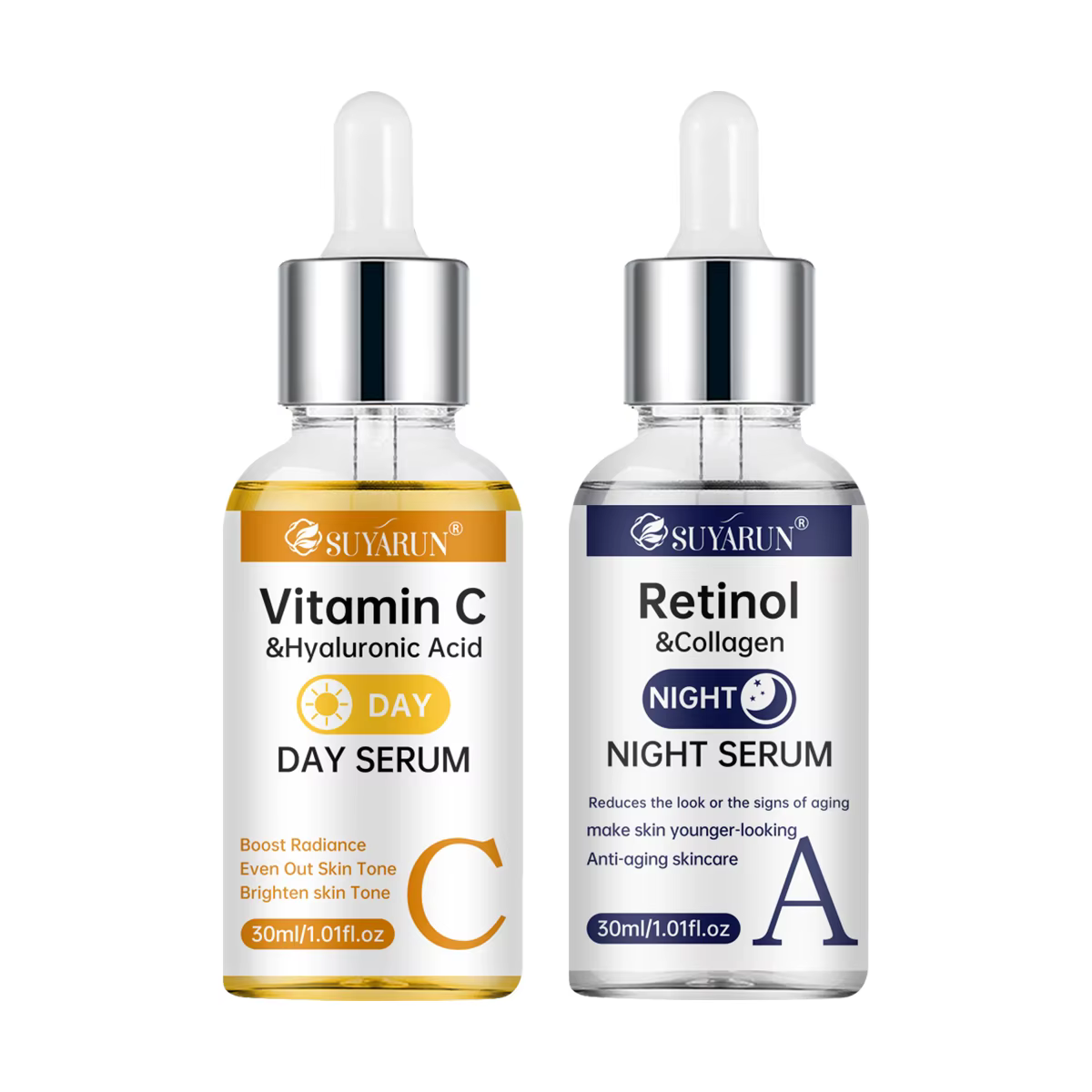 SUYARUN Day Sérum au rétinol de nuit à la vitamine C - Éclaircissant et anti-âge | Formule 2 en 1