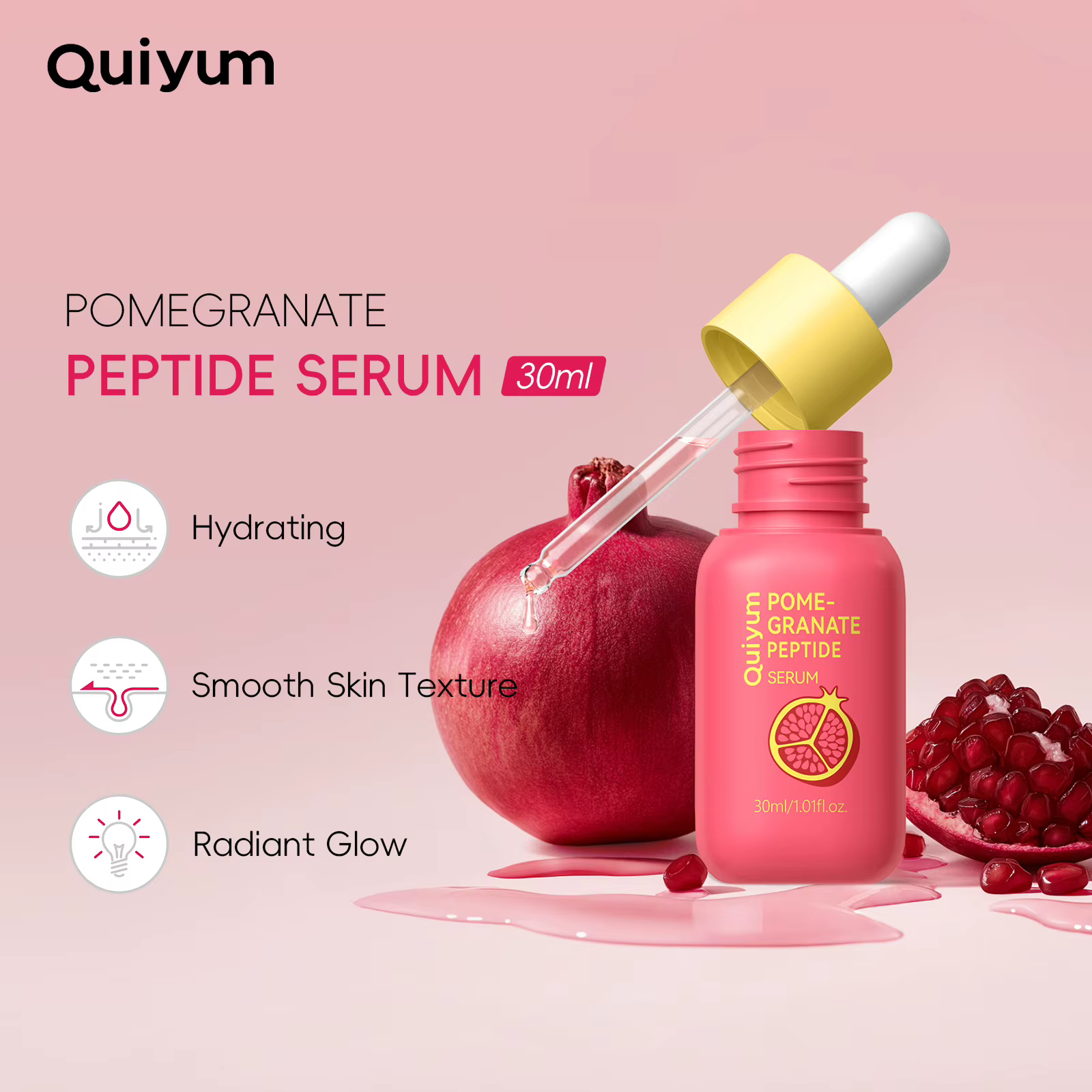 Sérum au peptide de grenade Quiyum 30 ml, hydratant, lissant la texture de la peau avec de la niacin