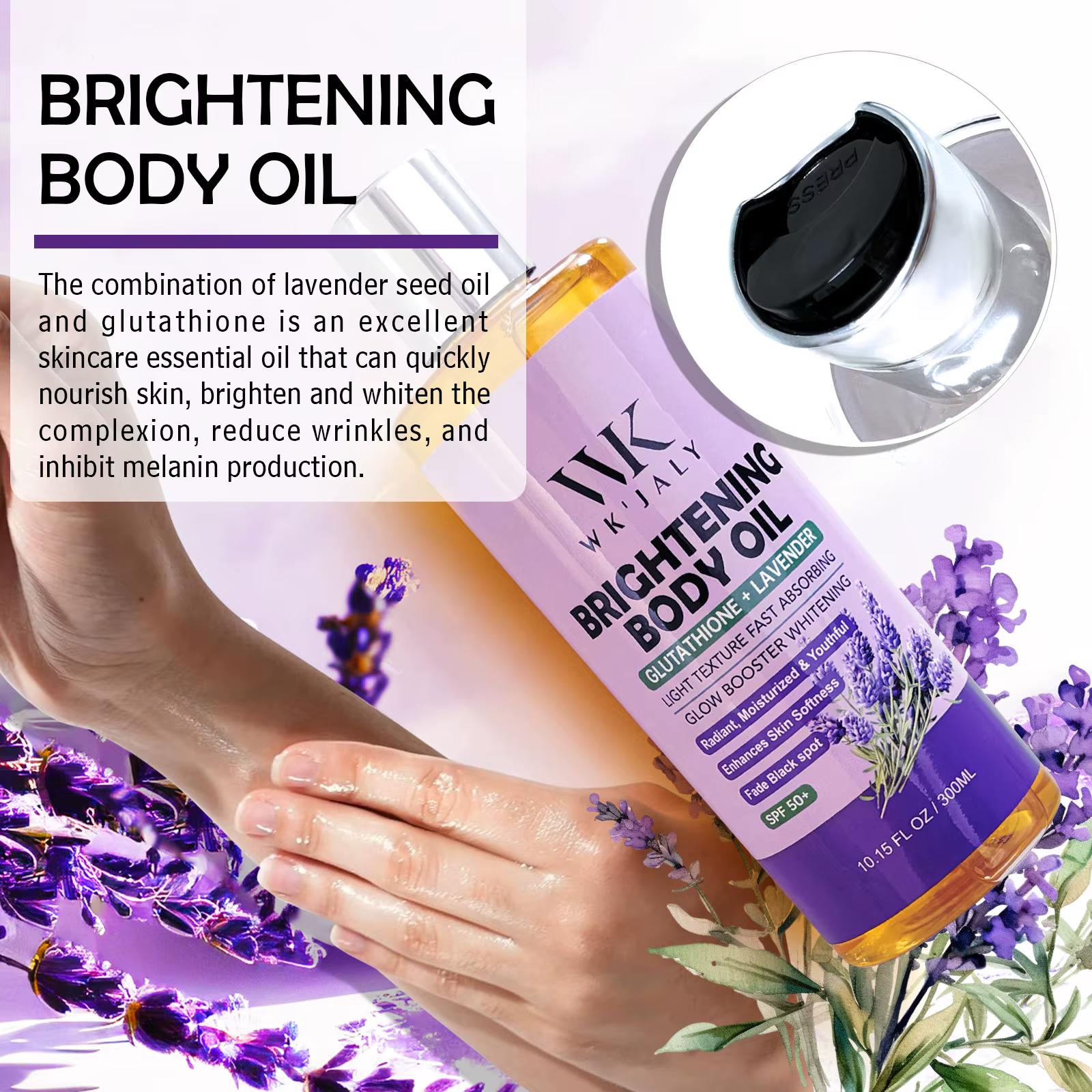 WK JALY Glow Boosting Huile corporelle blanchissante au glutathion et à la lavande, hydratante, pour