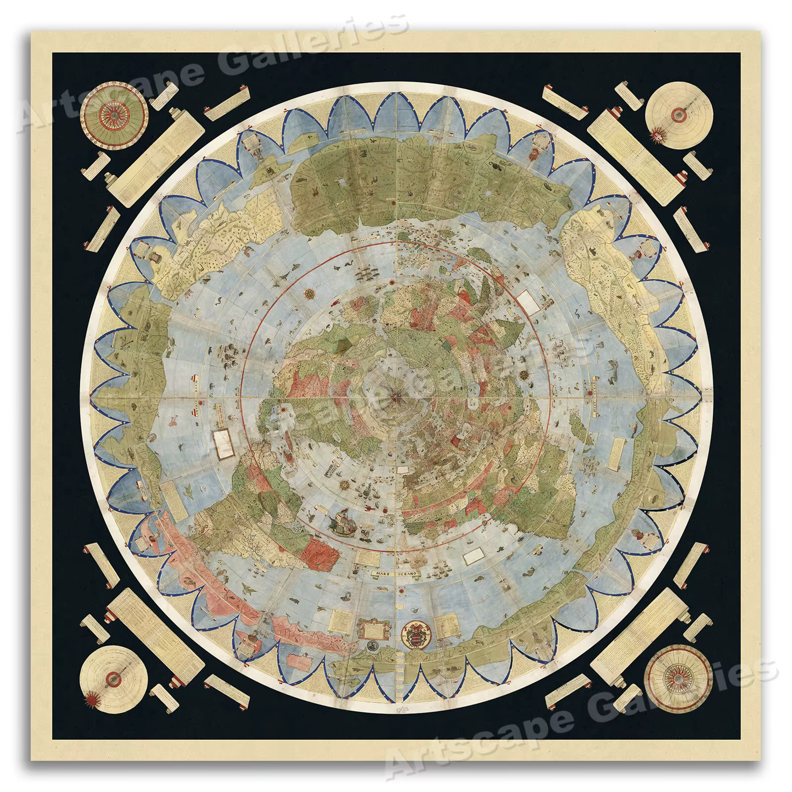 Carte de l'Earth Flat Earth Map of the World - Urbano Monte Vintage Map Art Globe Wall Art Rome Deco