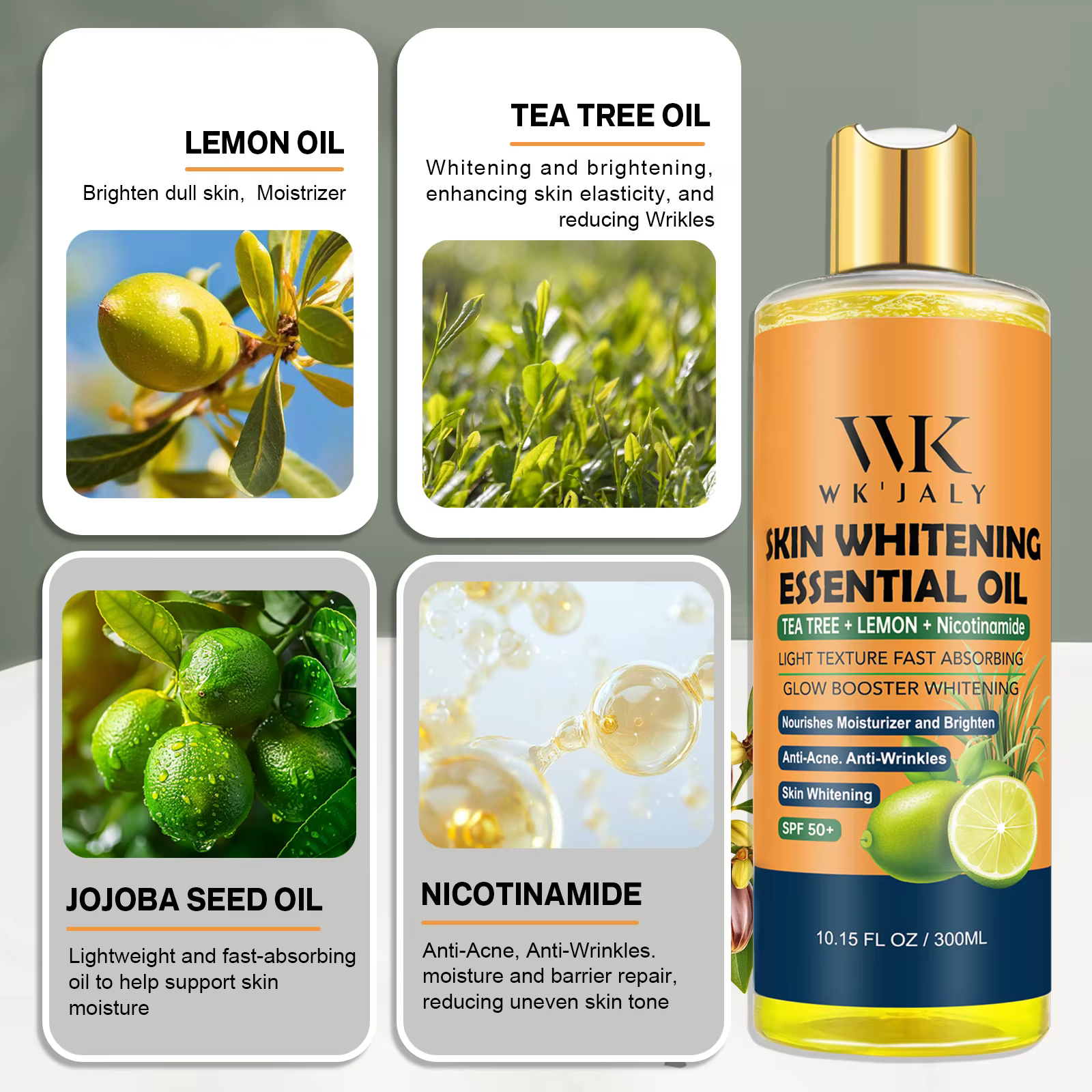 Huile pour le corps éclaircissante à la niacinamide WK JALY pour tous les types de peau, avec arbre