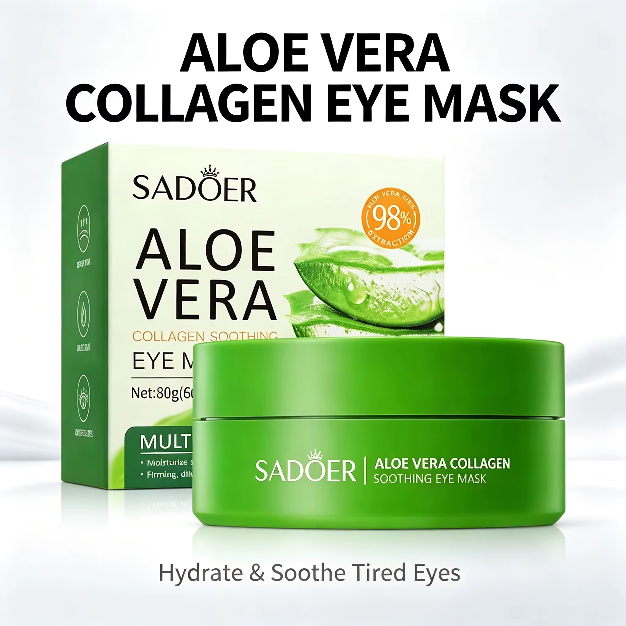 Masque pour les yeux au collagène et à l'aloe vera SADOER, 60 pièces, apaisant, hydratant, raffermis