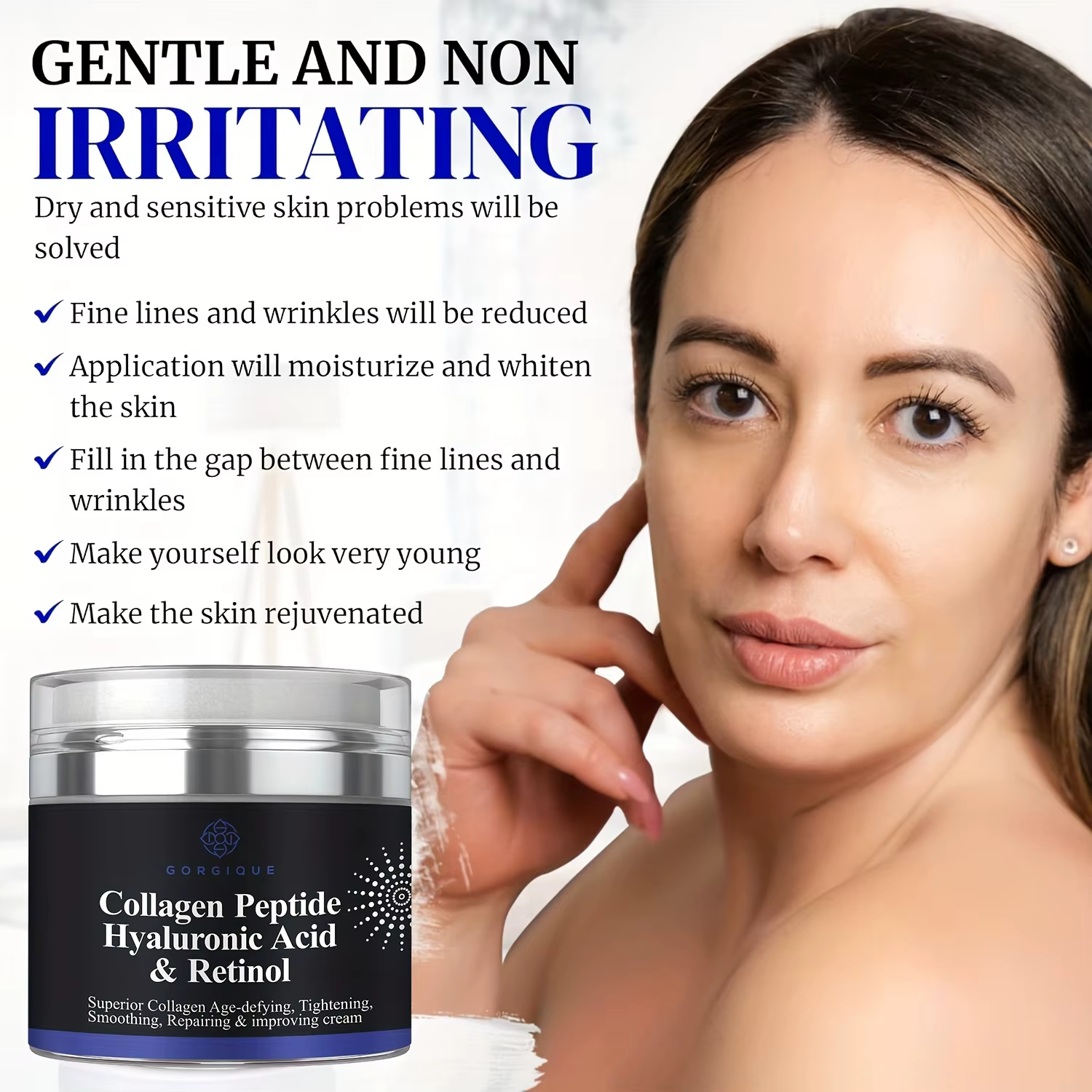 Crème peptidique au collagène, Anti-rides, acide hyaluronique et rétinol, raffermissante et raffermi