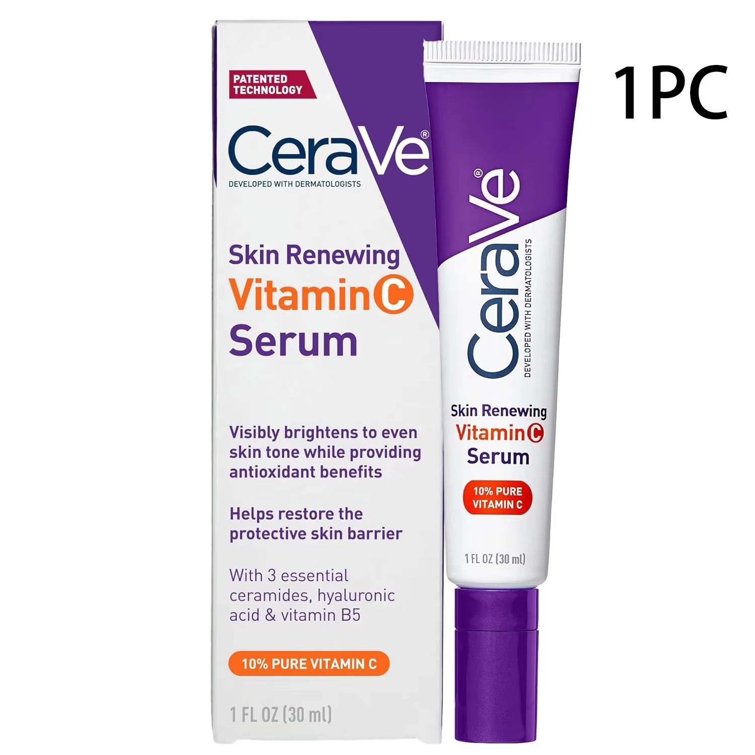 Sérum à la vitamine C CeraVe 10% pur, acide hyaluronique et 3 céramides, sérum antioxydant éclaircis