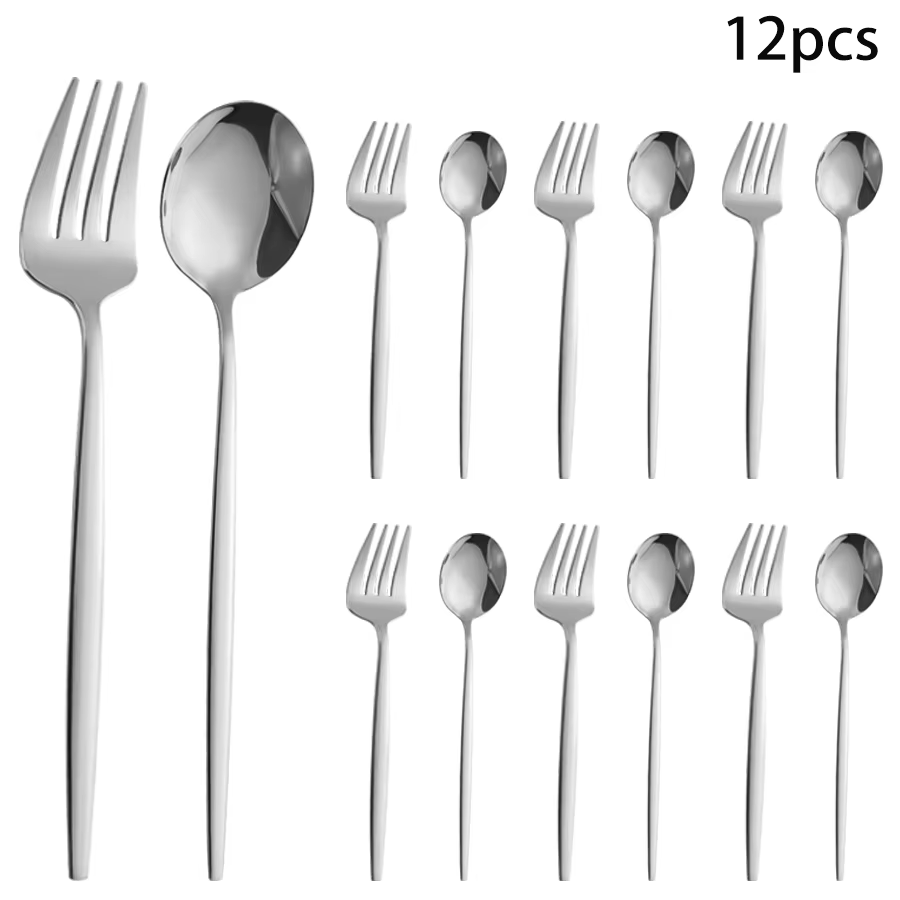 Ensemble de couverts en acier inoxydable argenté de 12/24 pièces, comprenant des fourchettes à dîner