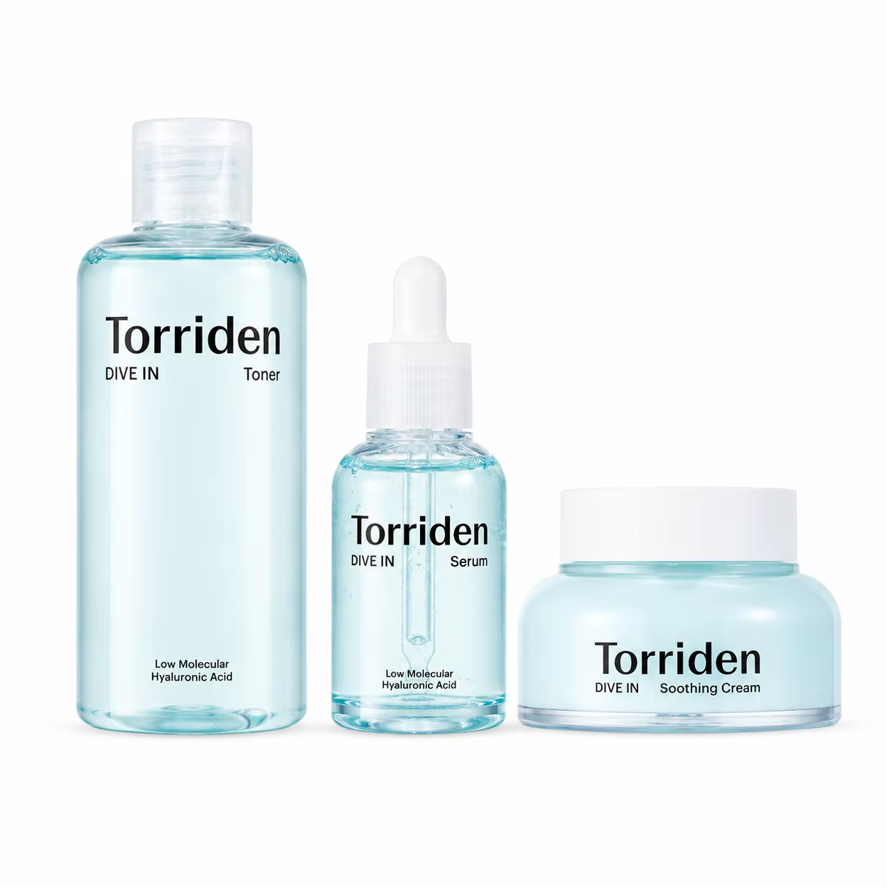 Torriden DIVE-IN 3Pcs Toner, Sérum et Crème Apaisante à l'Acide Hyaluronique à Faible Poids Molécula