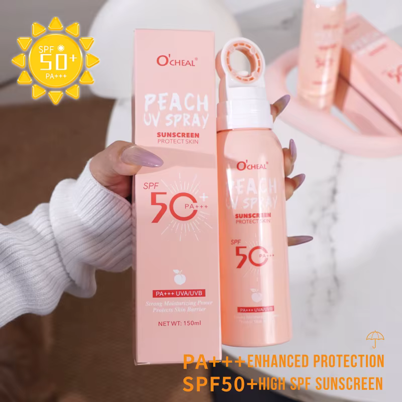 Spray solaire portable à la pêche SPF50 PA+++ |   Protection solaire hydratante translucide |   Spra
