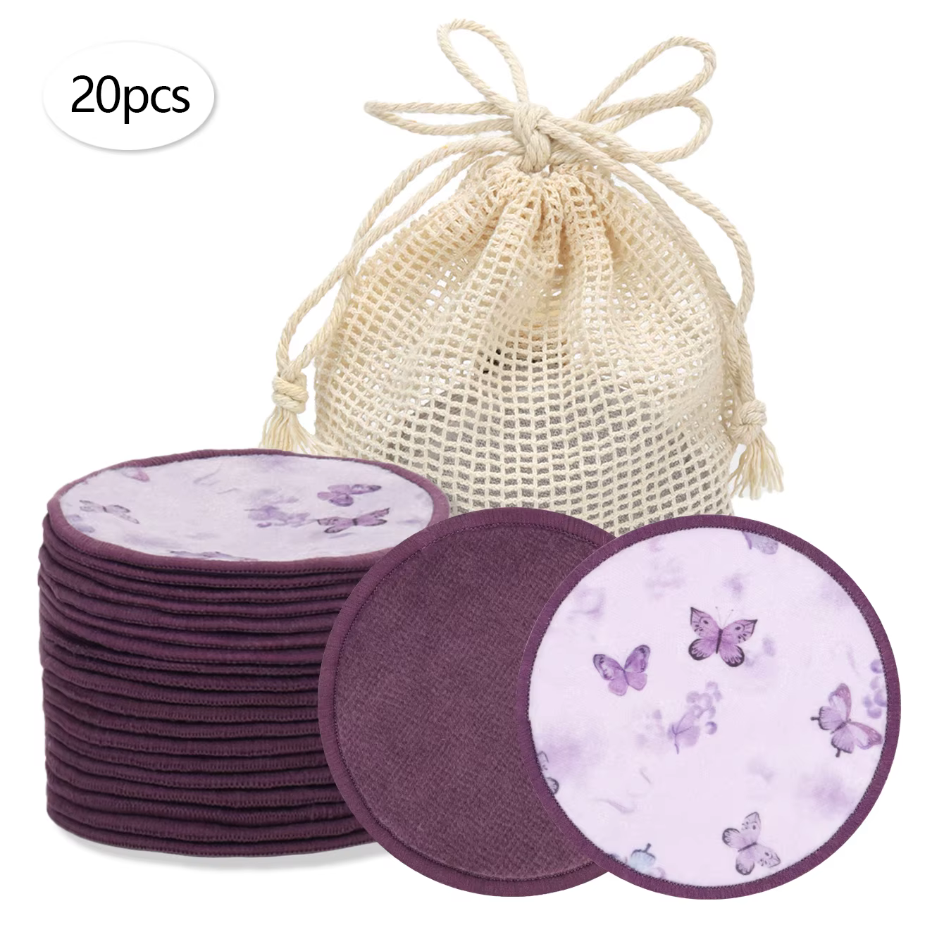 Tampons démaquillants ronds doubles 20 pièces + sac en maille de nettoyage, lavables en Machine, réu