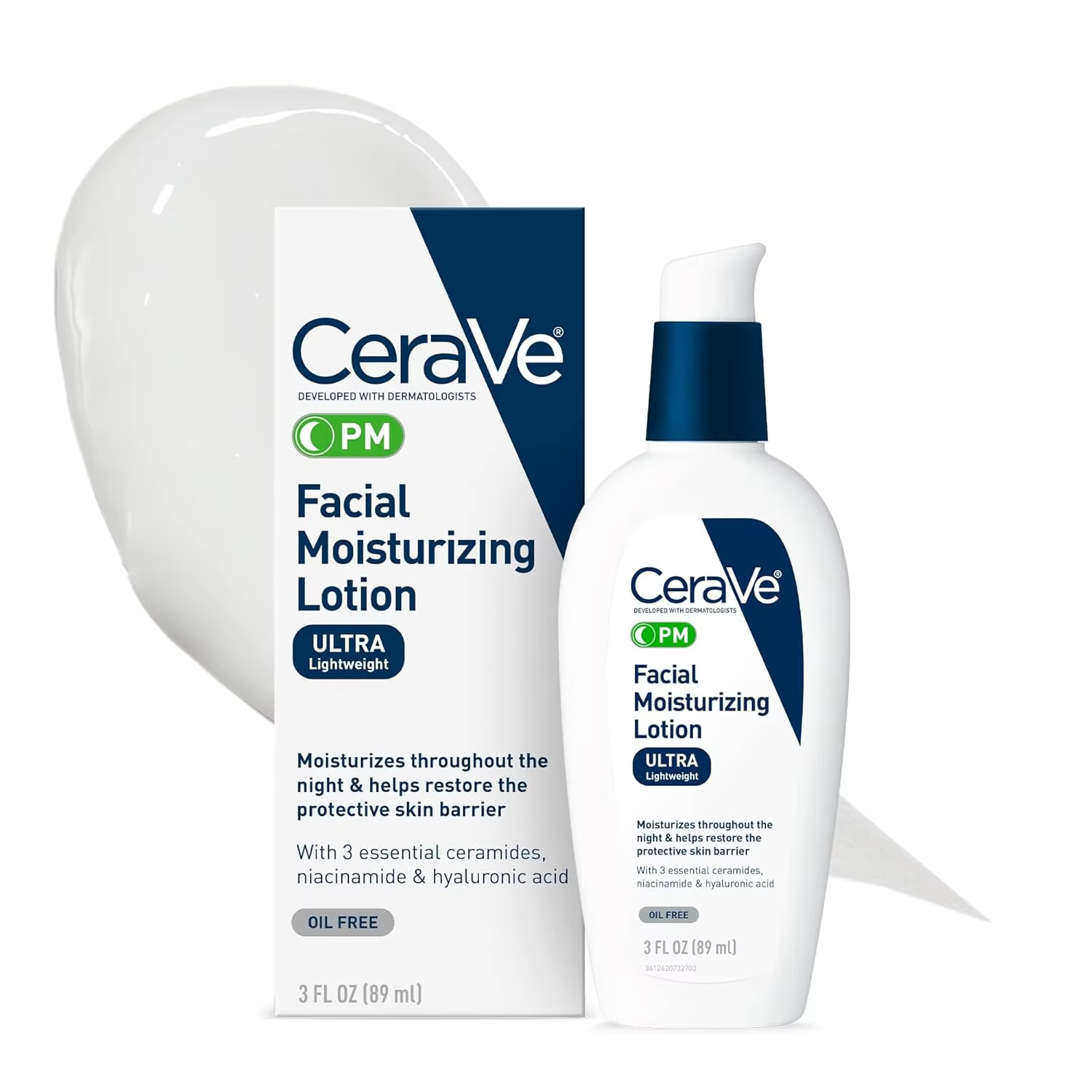 Lotion hydratante pour le visage CeraVe PM avec acide hyaluronique et niacinamide, ultra-légère, hyd