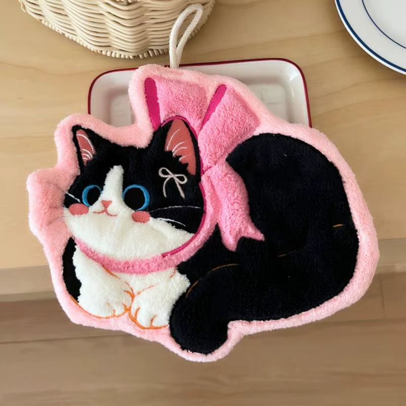 Serviette de cuisine en velours corail motif chat Kawaii, chiffon de nettoyage absorbant pour salle 
