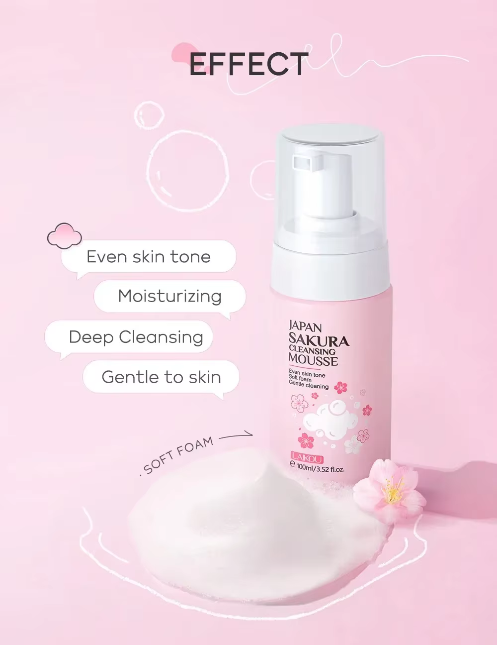 LAIKOU Japan Sakura Mousse Nettoyante Douce pour le Visage, Unifie le Teint, Nettoyage en Profondeur