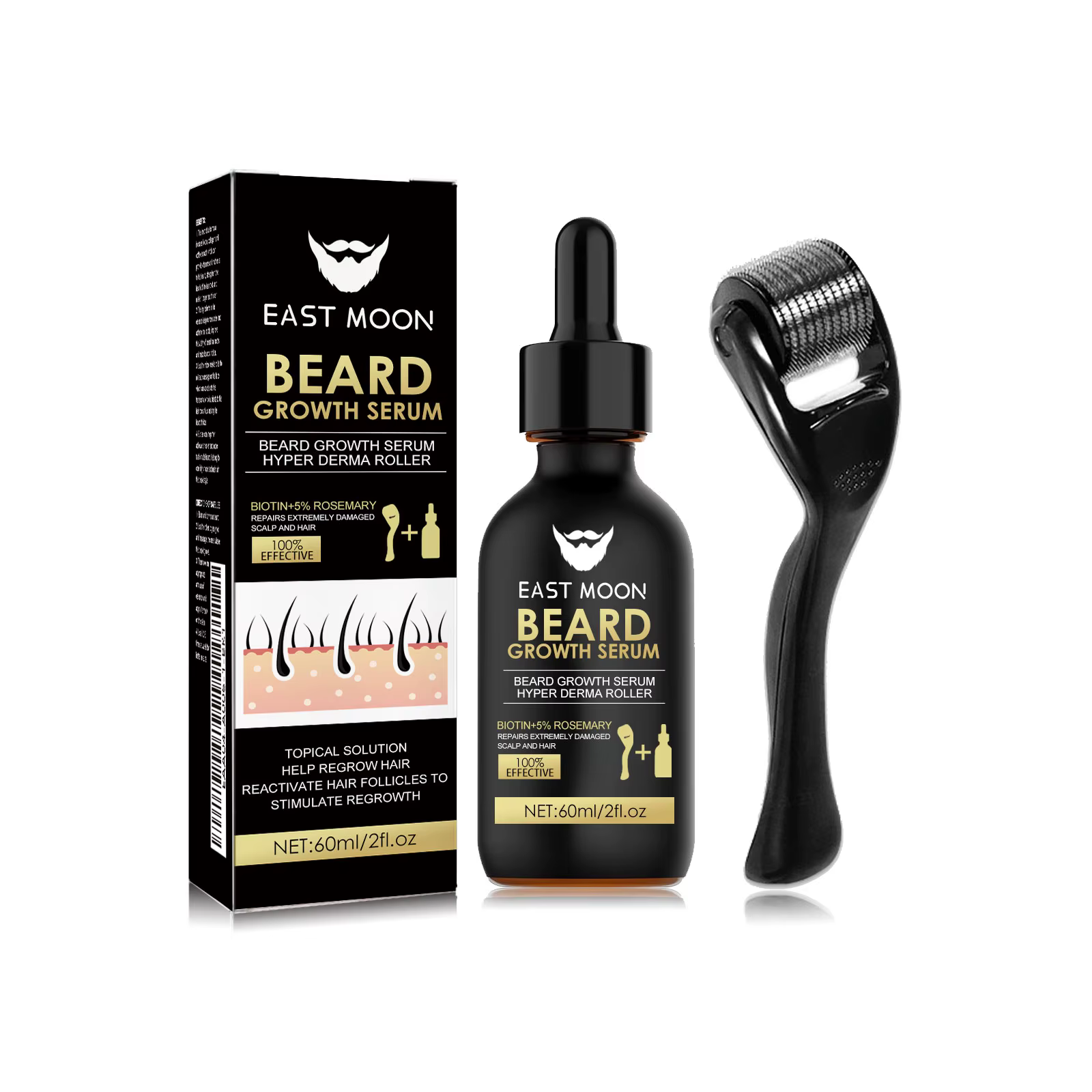 Kit de sérum pour la croissance de la barbe avec dermaroller 0,2 mm, infusé pour activer les follicu