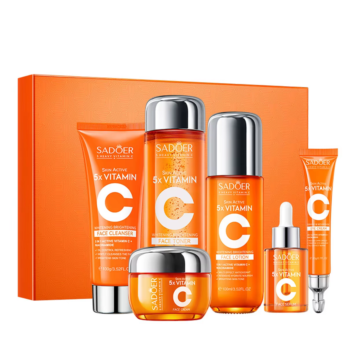 Coffret cadeau de 6 pièces pour soins de la peau à la vitamine C, blanchissant, éclaircissant, hydra