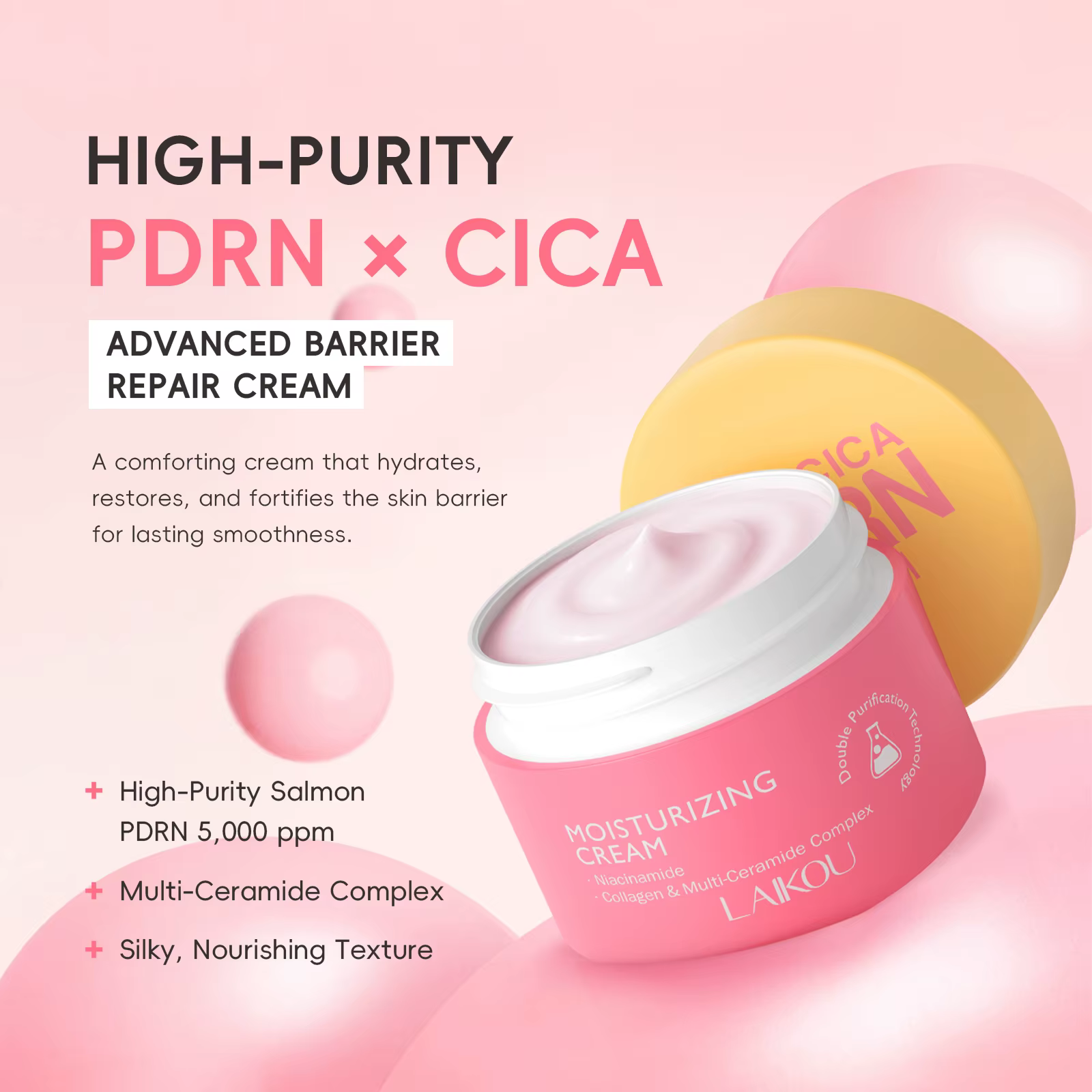 Crème hydratante LAIKOU PDRN CICA 30g, hydratation intense, peau plus ferme et affinée avec Centella