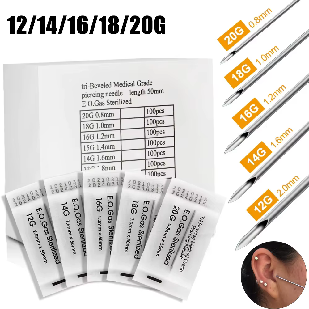100-10 pièces aiguilles de perçage corporel 12G 14G 16G 18G 20G jetables stérile de qualité chirurgi