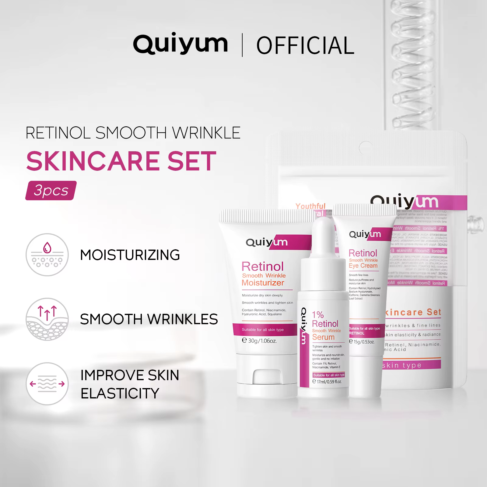 QUIYUM Ensemble de soins pour la peau à rides lisses au rétinol · Pour tous les types de peau · Les 