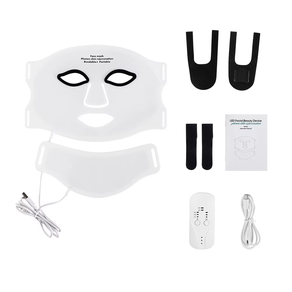 Masque facial LED en silicone avec cou, 7 couleurs, photon rouge, lumière infrarouge, thérapie, flex