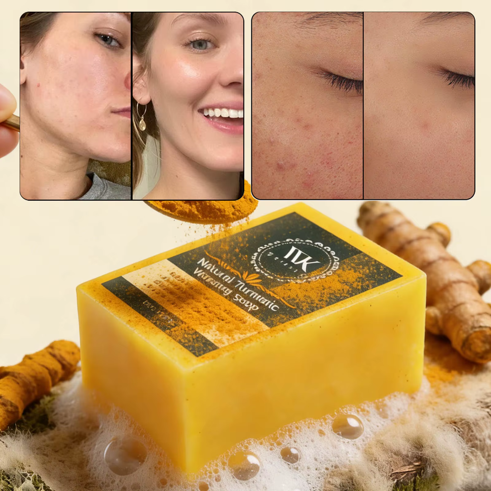 Savon éclaircissant au curcuma WK JALY, anti-acné, anti-taches brunes, avec acide hyaluronique, pour
