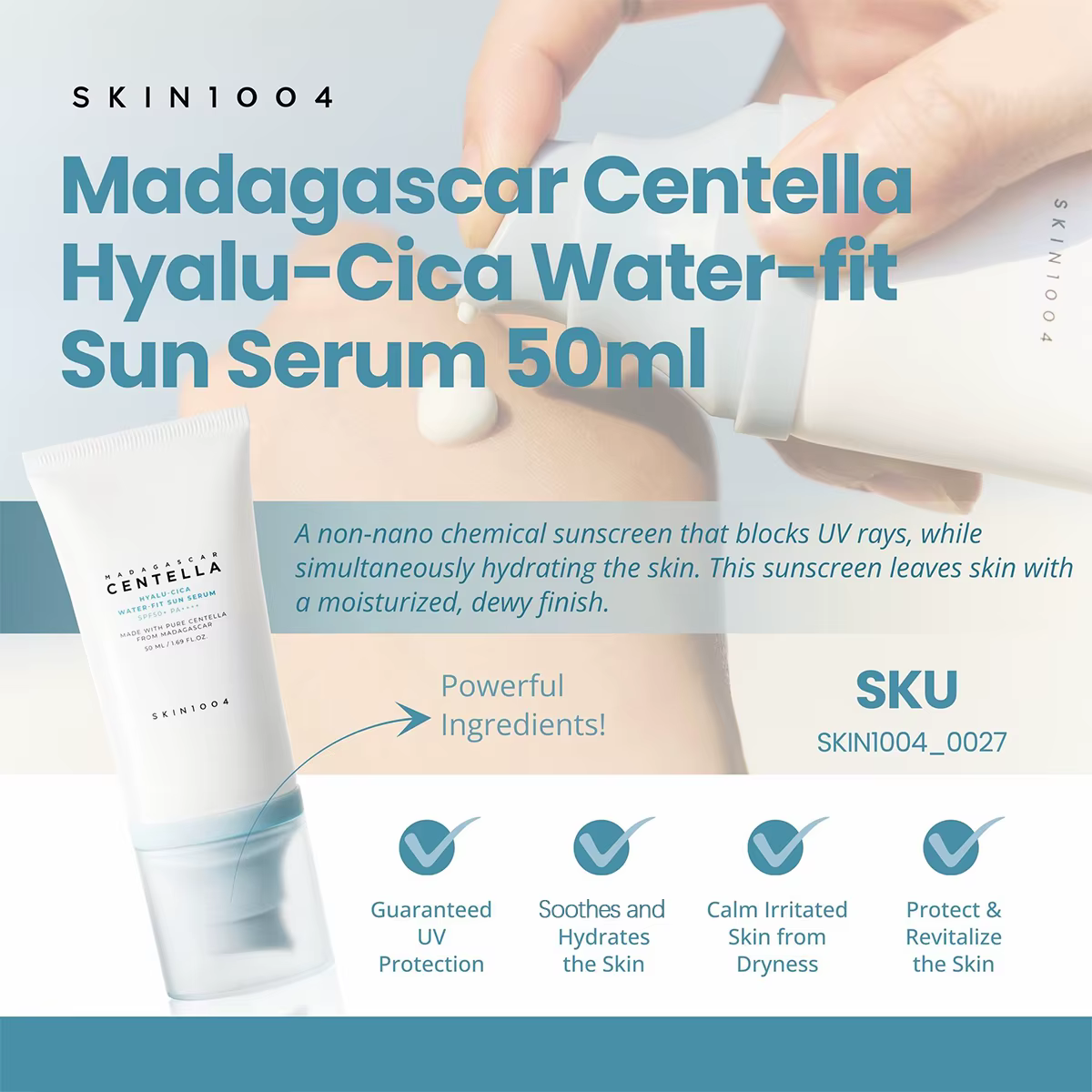 Sérum solaire hydratant SKIN1004 Madagascar Centella Hyalu-Cica SPF50+ PA++++, non desséchant, prote
