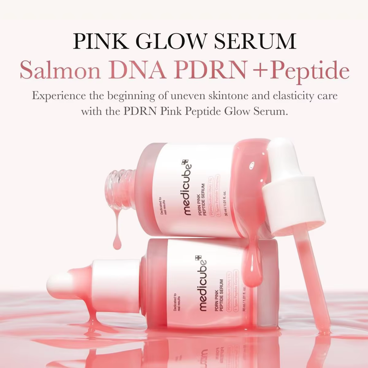 Sérum peptidique rose Medicube Salmon DNA PDRN, Texture sérum, ingrédients réparateurs complexes, Li