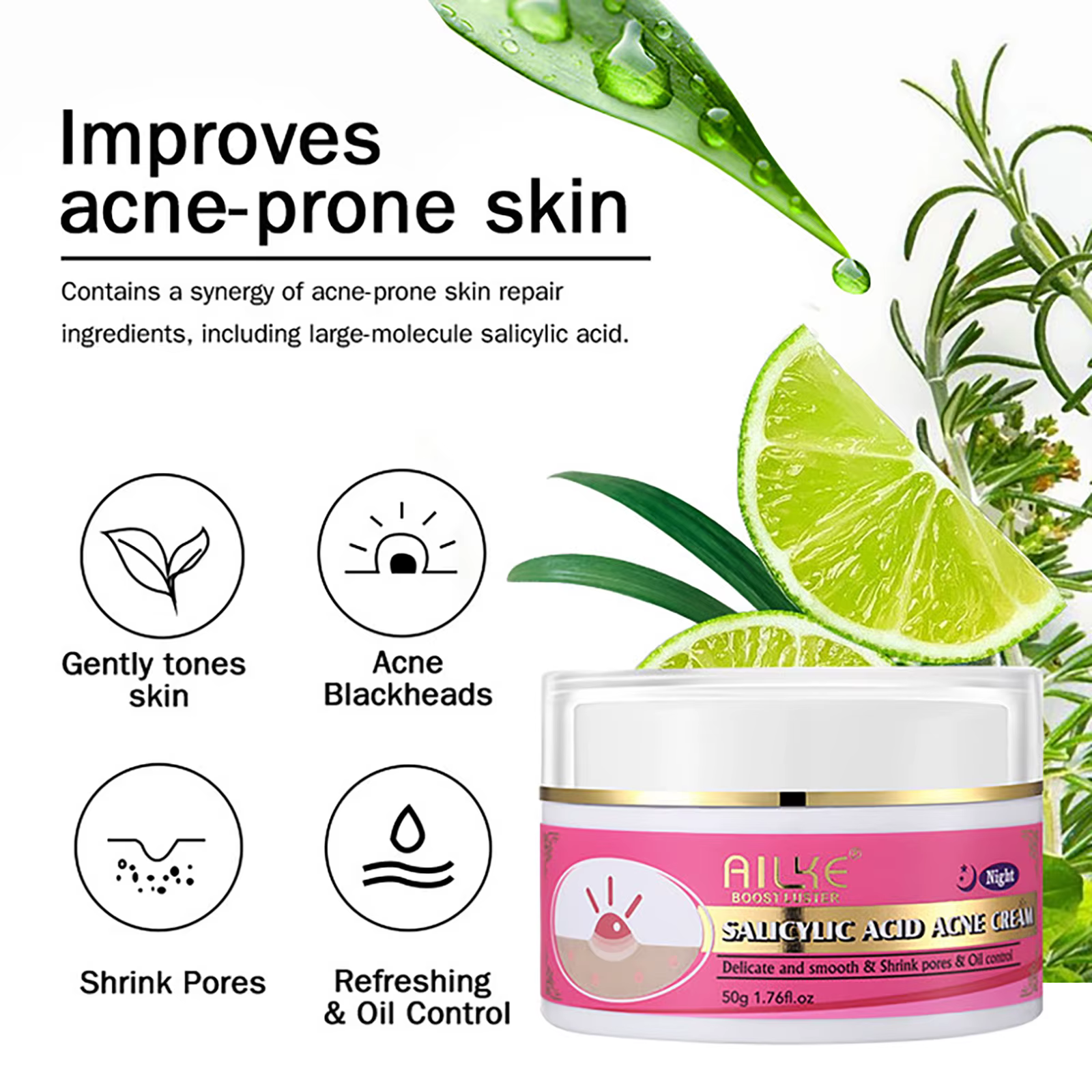 AILKE Crème anti-acné pour le visage, éclaircissante, nettoyante, réduit les points noirs, les tache