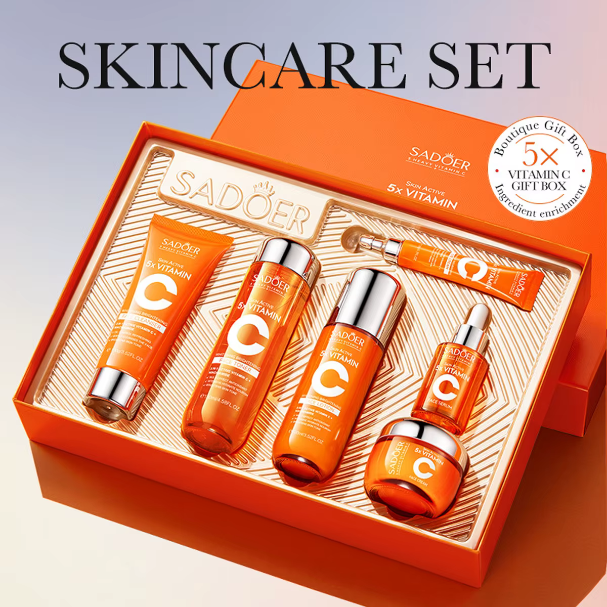 Coffret cadeau de 6 pièces pour soins de la peau à la vitamine C, blanchissant, éclaircissant, hydra