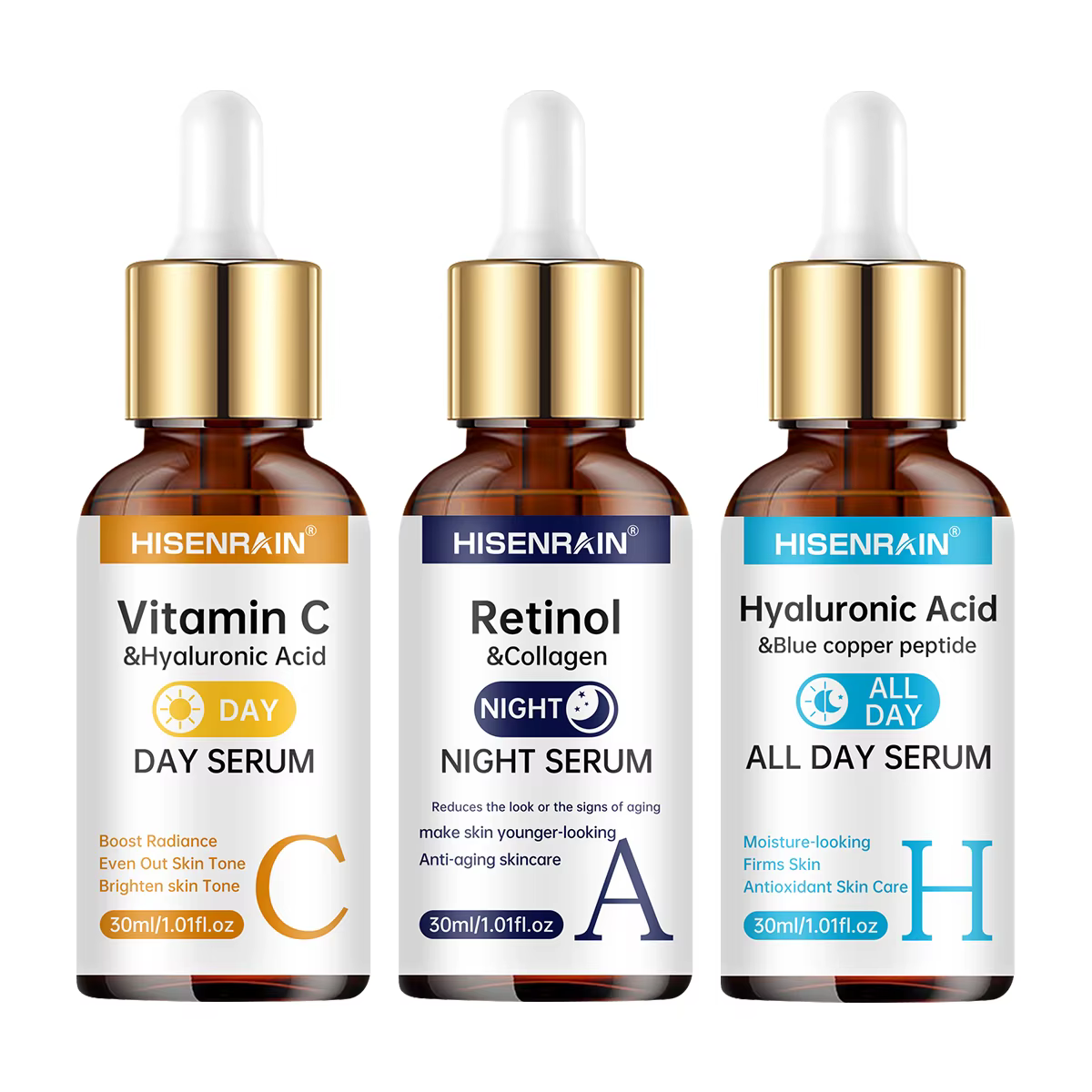 HISENRAIN Sérum Vitamine C + Rétinol + Acide Hyaluronique Duo | Combo éclaircissant et hydratation