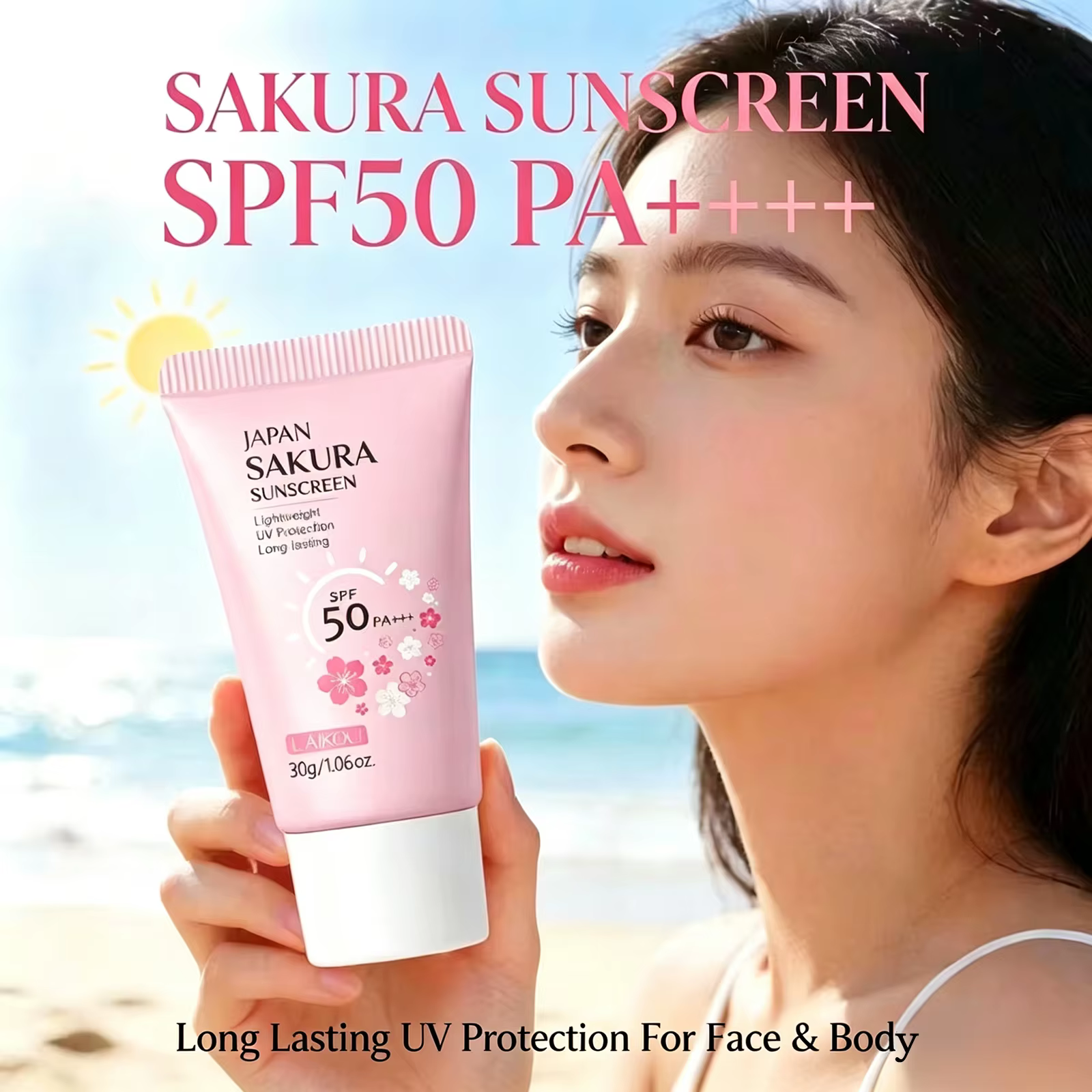 Crème solaire LAIKOU Sakura SPF50+ PA++++ Protection UV Visage et Corps Imperméable Rafraîchissante 