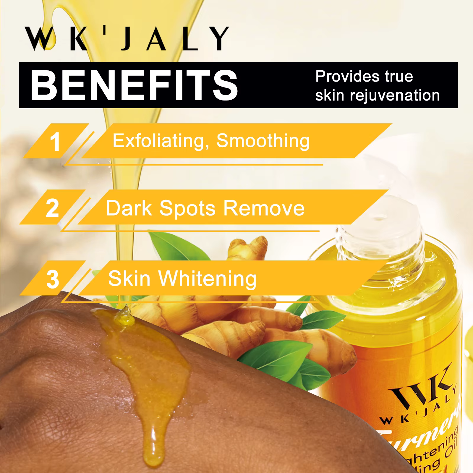 WK JALY Huile exfoliante éclaircissante au curcuma, exfoliation, élimination des taches brunes, blan