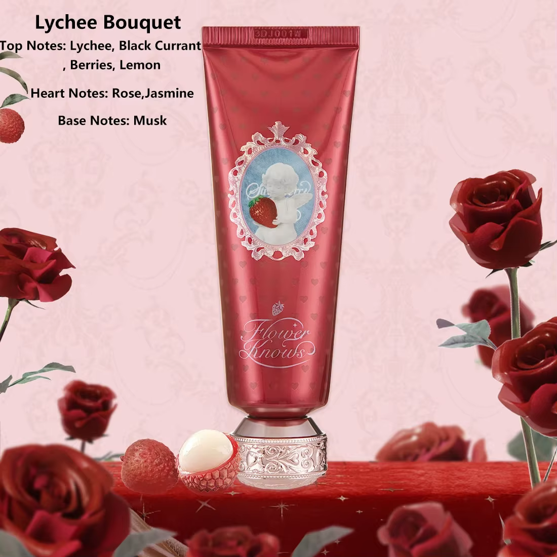 Flower Knows – crème pour les mains parfumée aux fraises et cupidon, végétalienne naturelle, hydrata