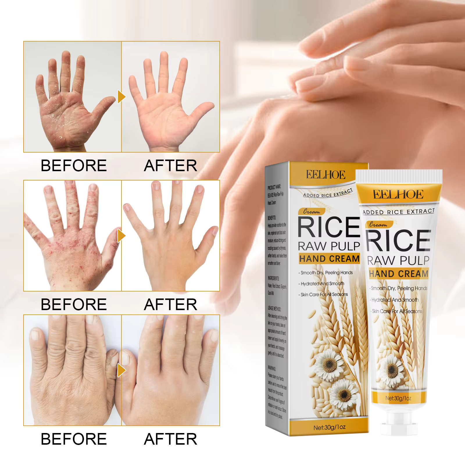 EELHOE – crème hydratante pour les mains, extrait de riz, pour les mains sèches et rugueuses, éclair