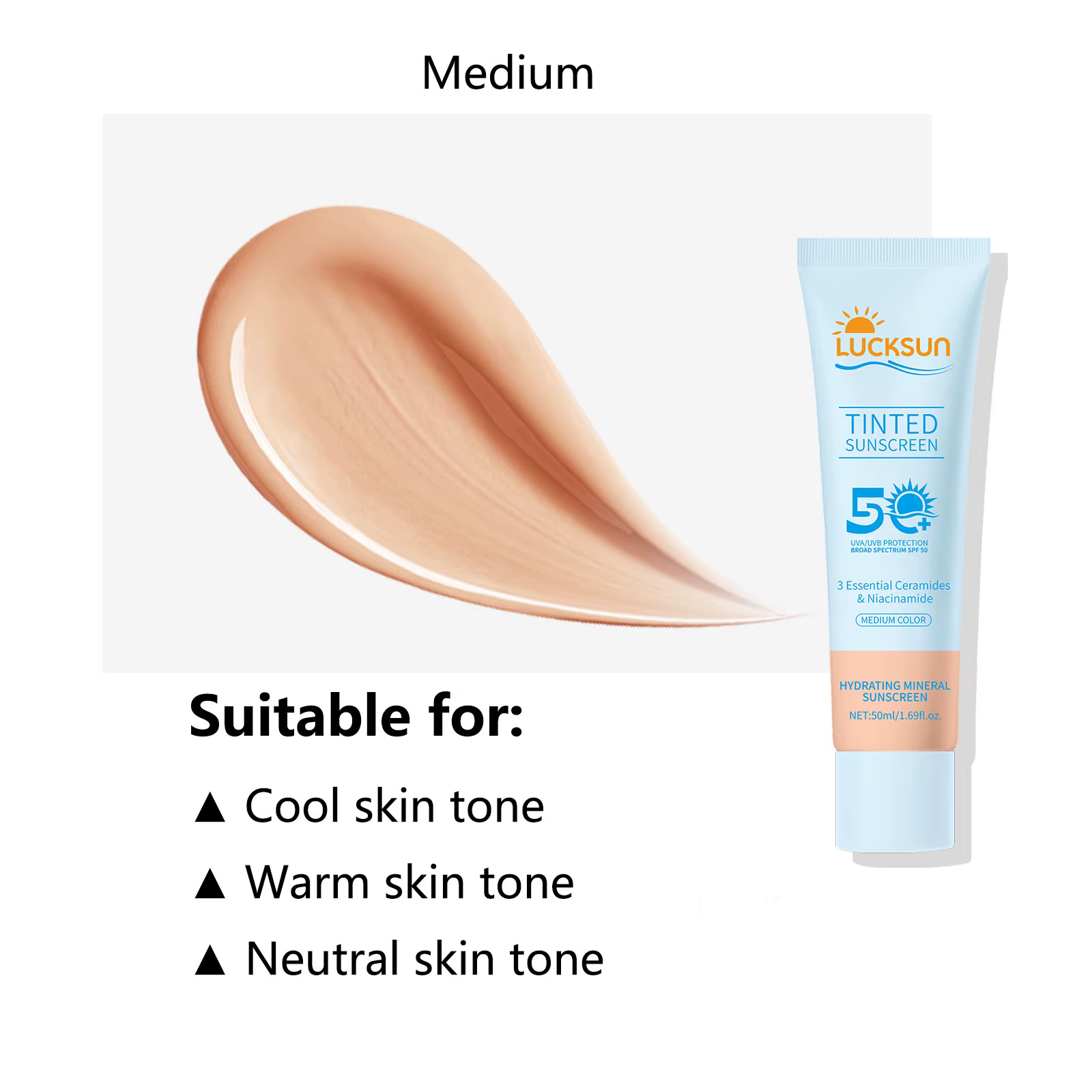 Crème solaire teintée SPF 50 Crème solaire minérale hydratante pour le teint uniforme avec céramides