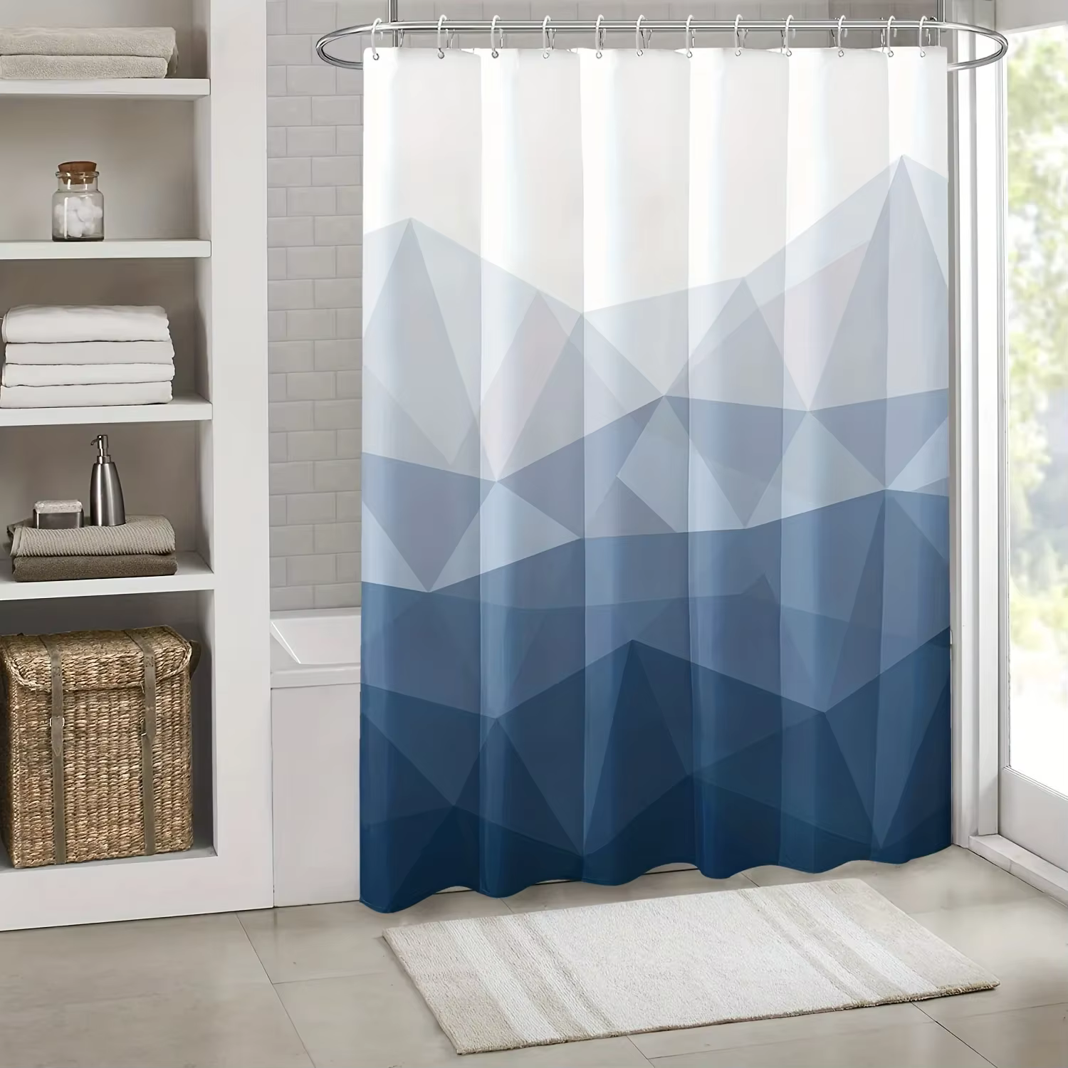 Rideau de douche imperméable géométrique bleu et blanc élégant – Parfait pour ajouter un toucher mod
