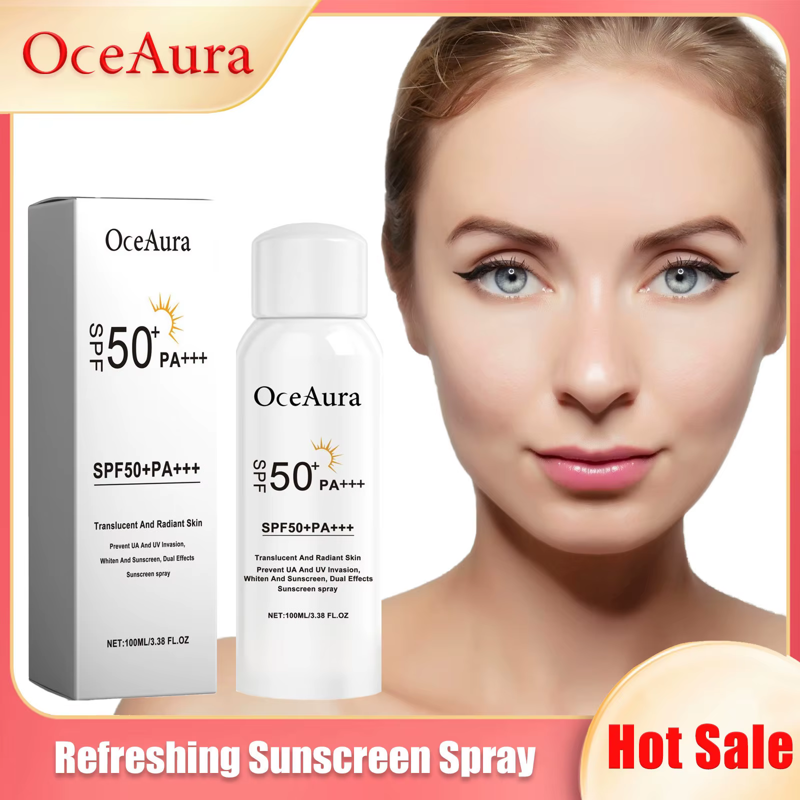 Spray de protection solaire rafraîchissant SPF50, protection contre les rayons UV, hydrate, blanchis