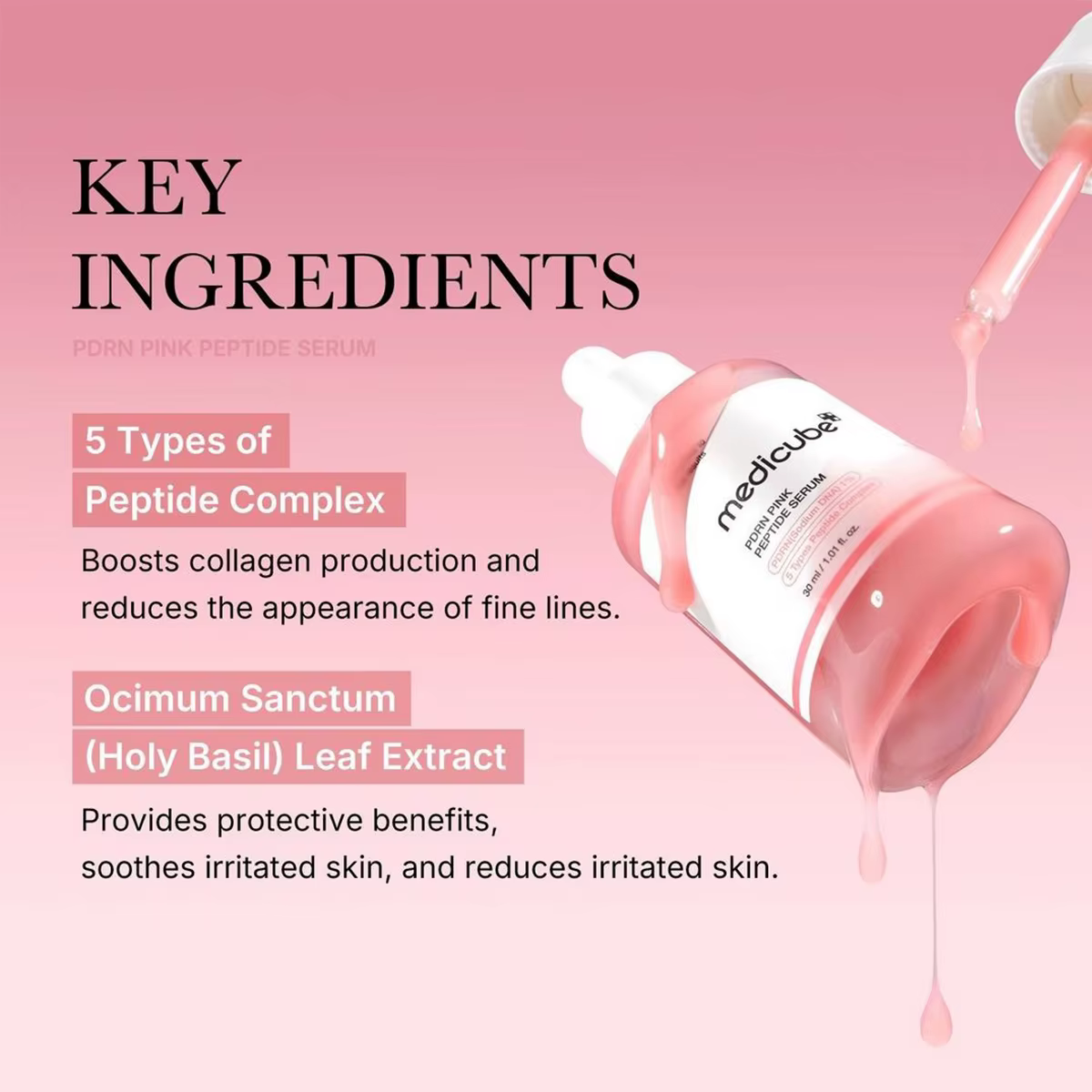 Sérum peptidique rose Medicube Salmon DNA PDRN, Texture sérum, ingrédients réparateurs complexes, Li
