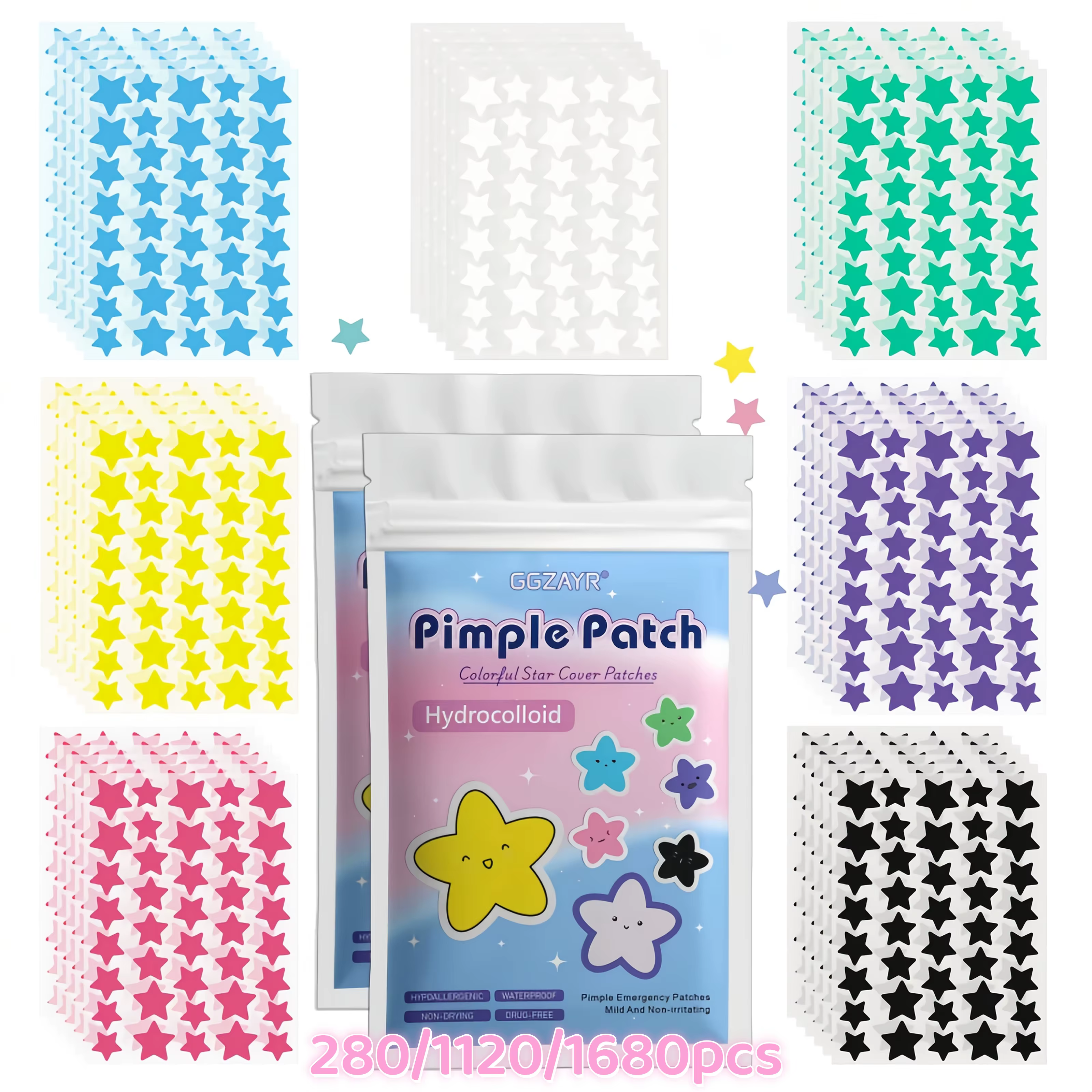 280/1120/1680pcs Patchs de boutons étoiles sept couleurs – Points hydrocolloïdes invisibles pour un 