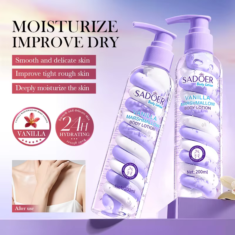 Lotion corporelle à la vanille et aux guimauves qui lisse et affine la peau, améliore la sécheresse,