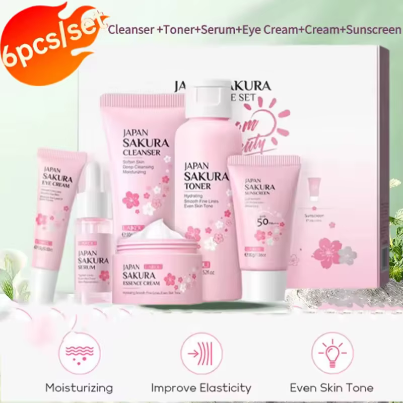 Ensemble de soins de la peau Sakura 6 pièces - Nettoyant visage, tonique, sérum, crème pour les yeux