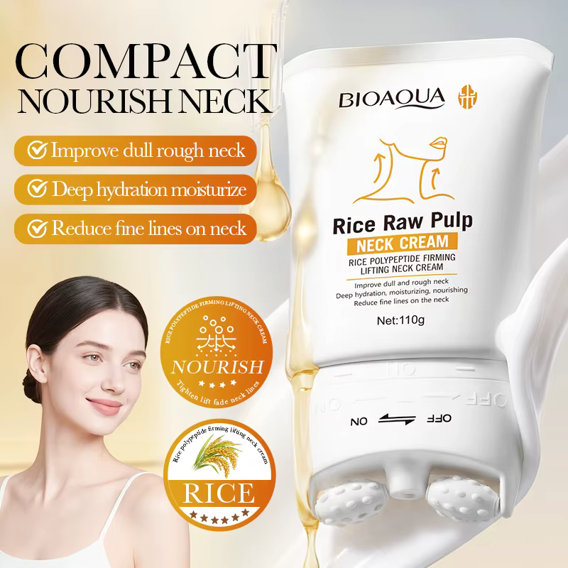 Crème pour le cou BIOAQUA à la pulpe de riz brute 110g, raffermissante, liftante, avec masseur à rou