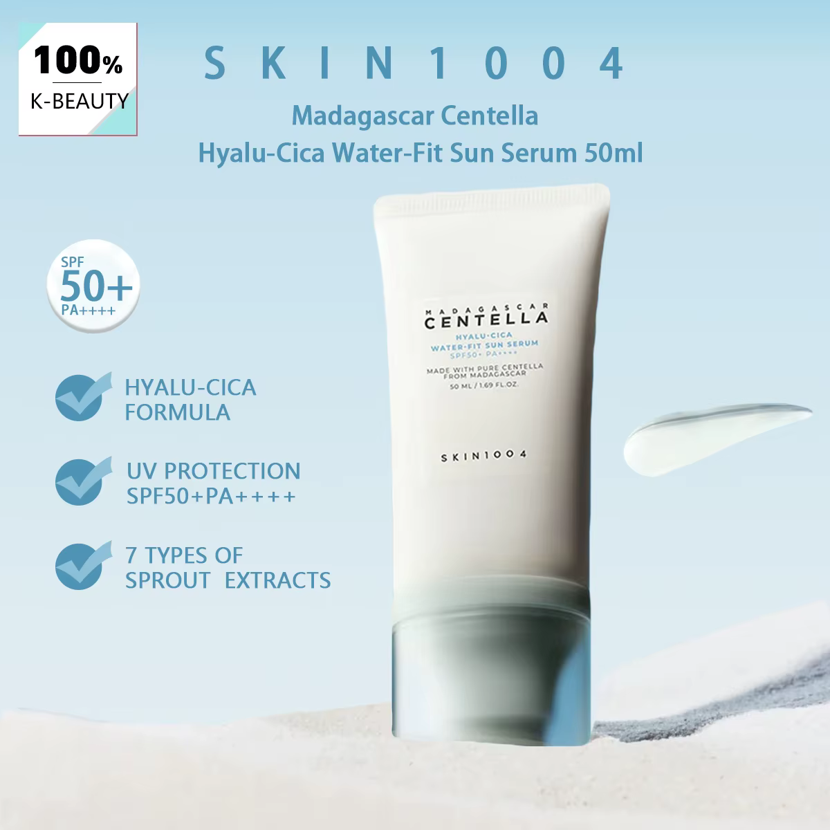 Sérum solaire hydratant SKIN1004 Madagascar Centella Hyalu-Cica SPF50+ PA++++, non desséchant, prote