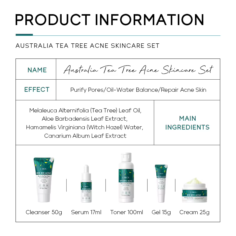 LAIKOU-Ensemble de soins de la peau contre l'acné au sapin à thé australien, nettoyant, toner, sérum