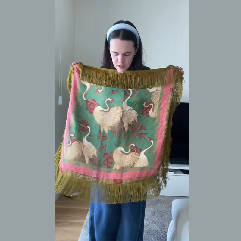 Écharpe en satin à franges pour femme, motif grue verte, forme carrée, franges dorées, pour la mode 