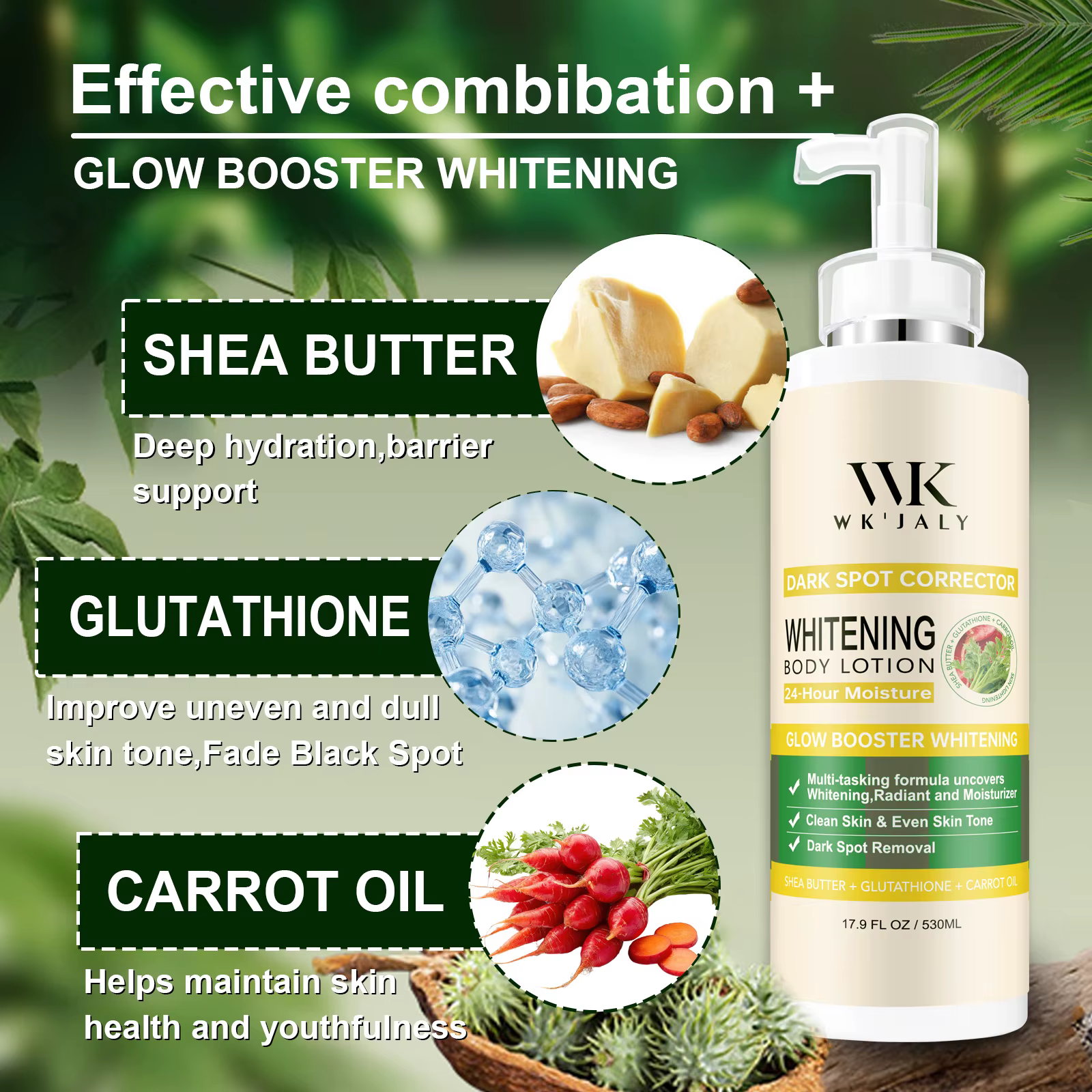 Lotion corporelle éclaircissante WK JALY au glutathion, correcteur de taches brunes, avec huile de c