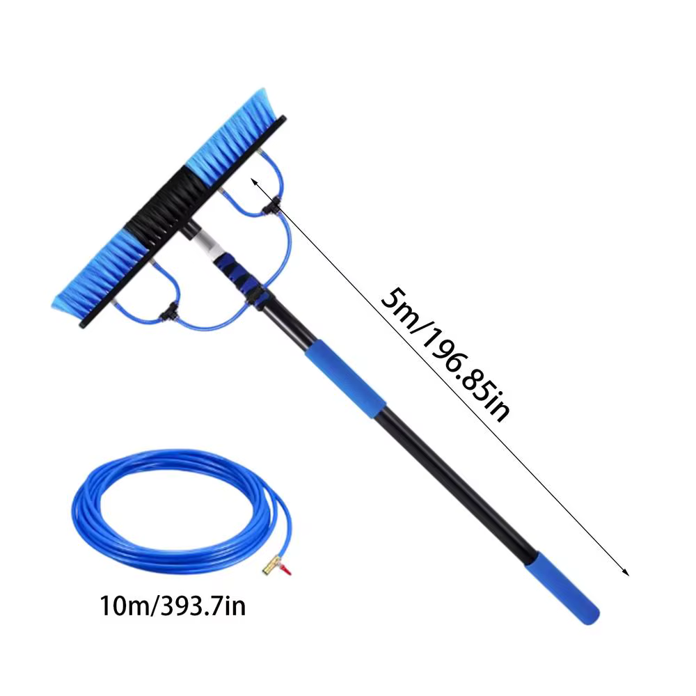 Brosse de nettoyage télescopique pour panneaux solaires de 5 m avec tuyau d'eau extensible de 10 m,